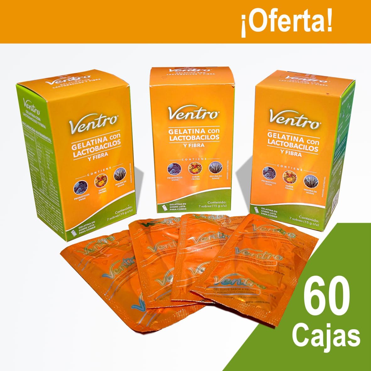 VENTRO® Sobres de Gelatina con Probióticos y Prebióticos (Ready to eat) / 60 Cajas